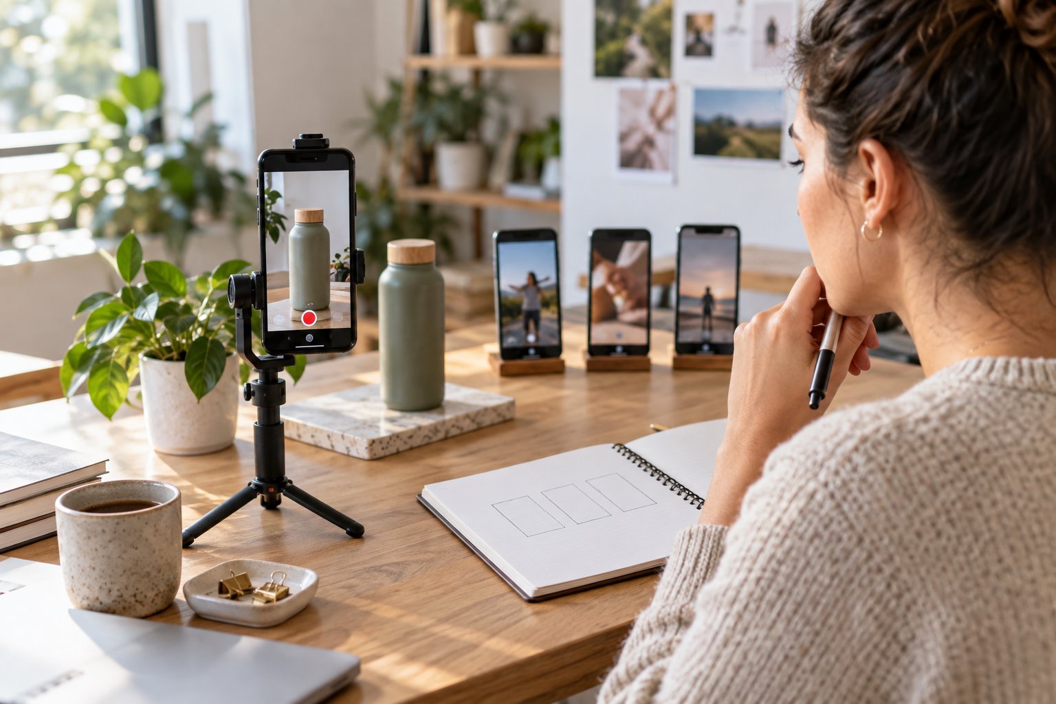 Celular grava um vídeo vertical de produto enquanto outros aparelhos exibem prévias genéricas de vídeo sem marcas.