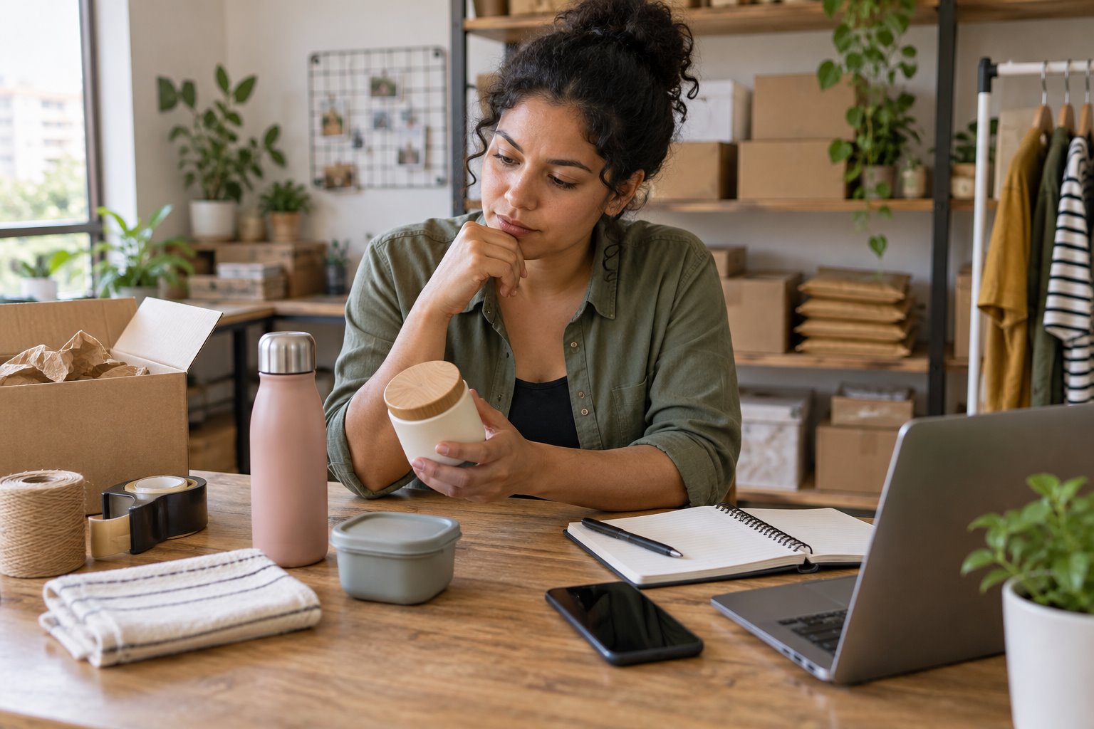 Pequeno lojista analisa alguns produtos de consumo em uma mesa de trabalho com embalagem ao fundo.