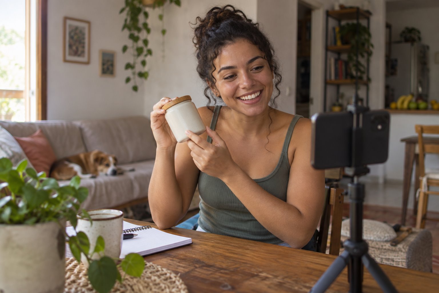 Criadora apresenta espontaneamente um produto doméstico à câmera do celular em ambiente caseiro.